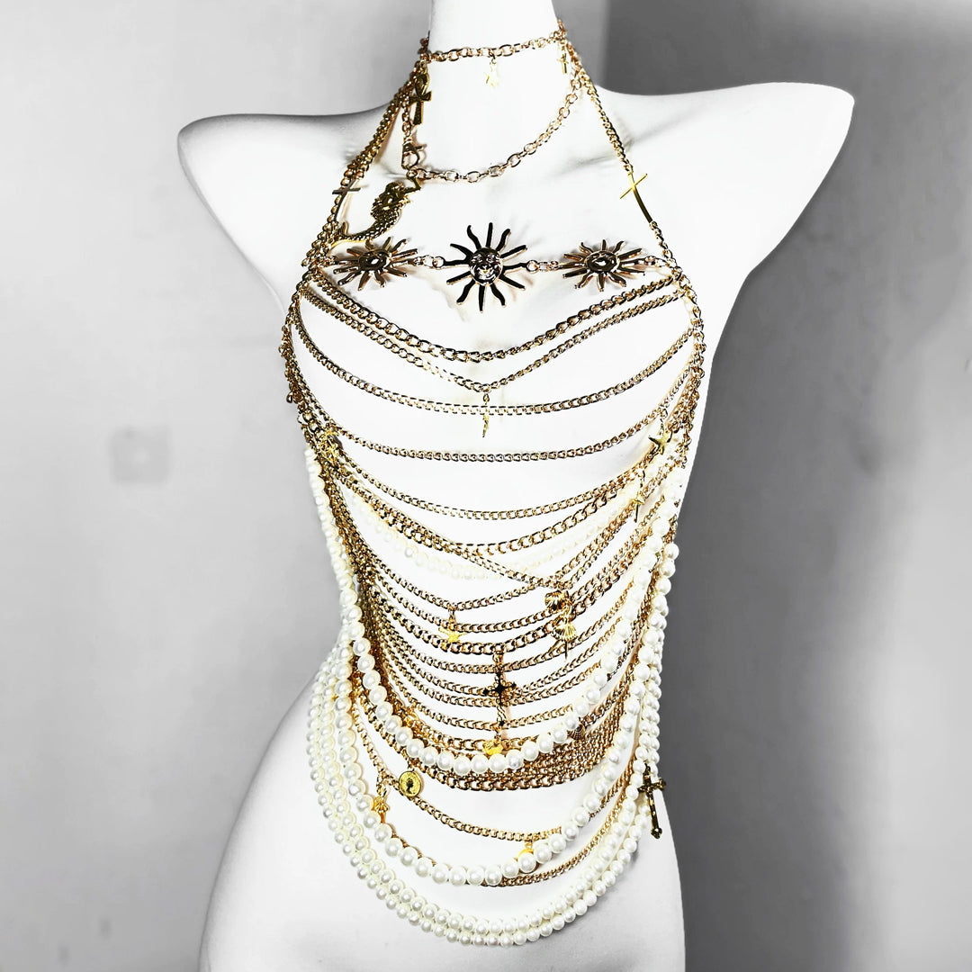 Metal chain beaded halter sun applique top  | Festival Outfits Women