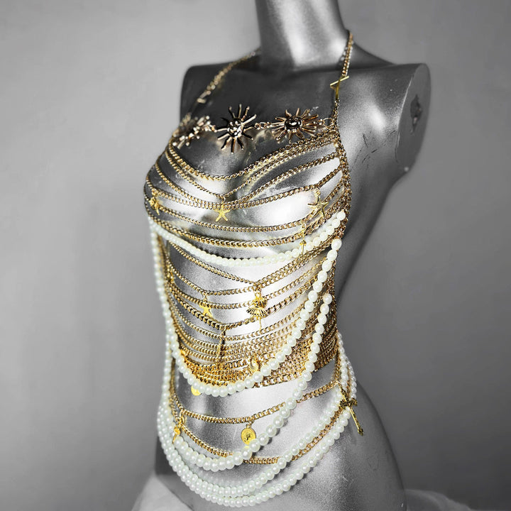 Metal chain beaded halter sun applique top  | Festival Outfits Women