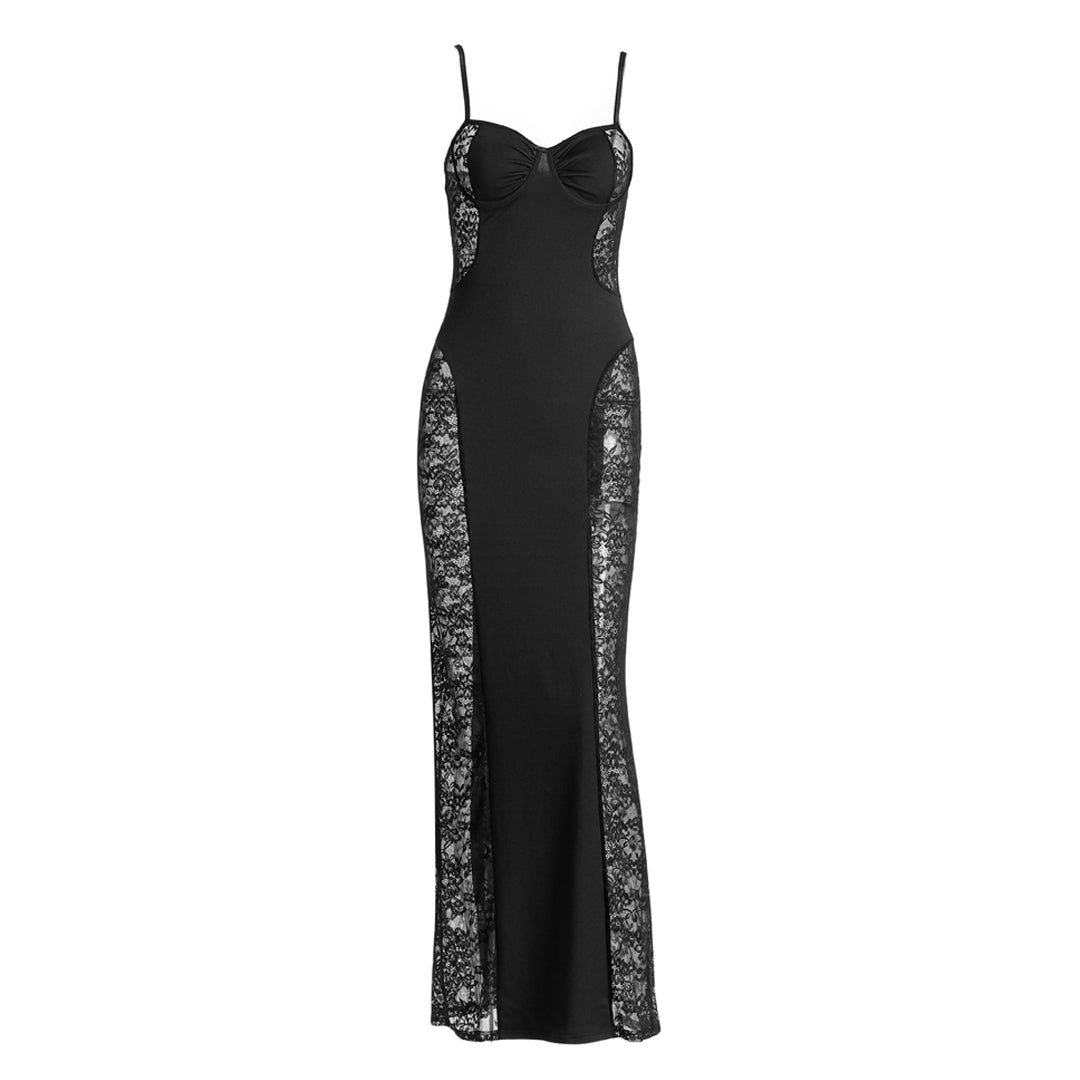 Lace slit v neck zip-up cami maxi dress