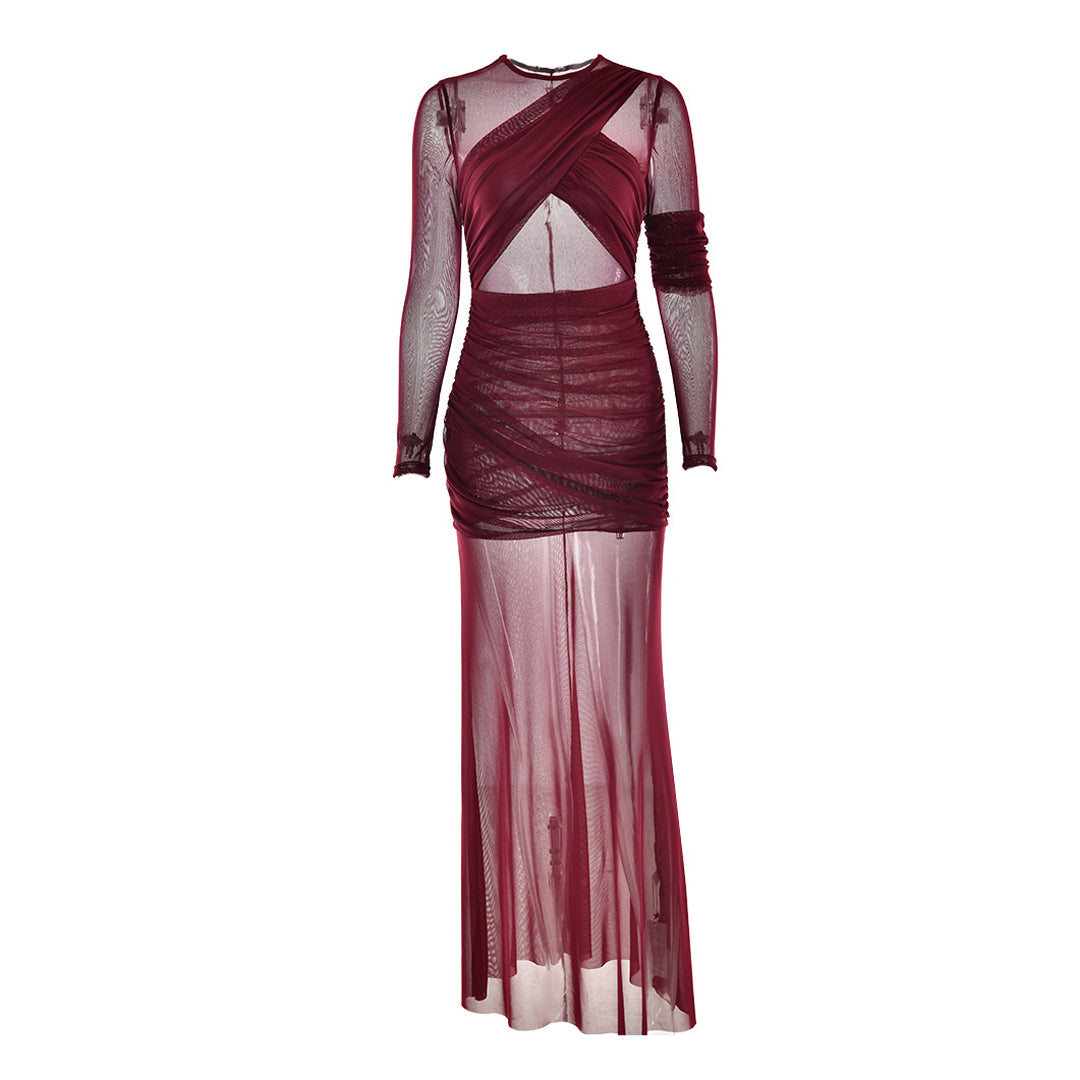 Crewneck long sleeve mesh ruched maxi dress