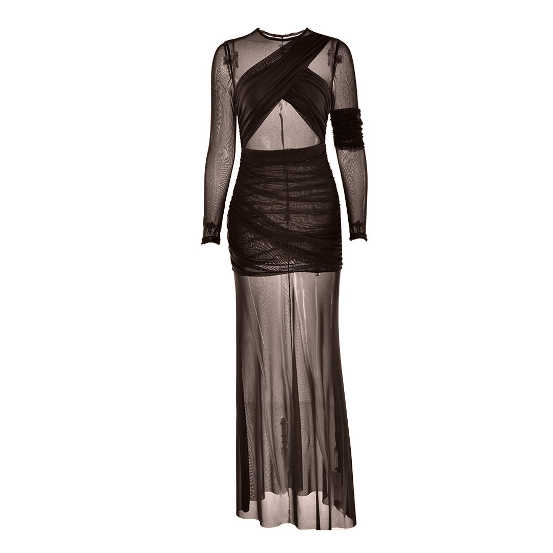 Crewneck long sleeve mesh ruched maxi dress