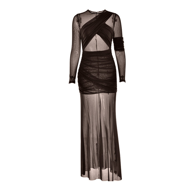 Crewneck long sleeve mesh ruched maxi dress