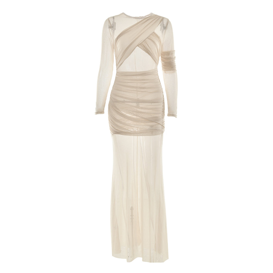 Crewneck long sleeve mesh ruched maxi dress