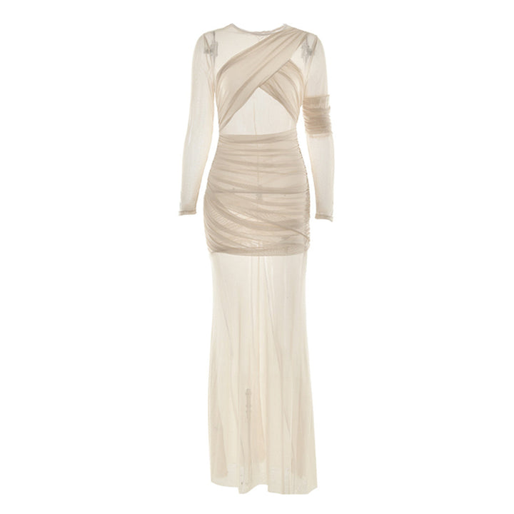 Crewneck long sleeve mesh ruched maxi dress