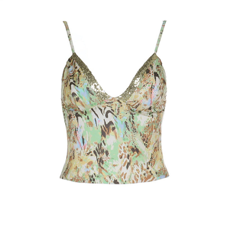 Glitter v neck print backless cami top  | Festival Outfits Women