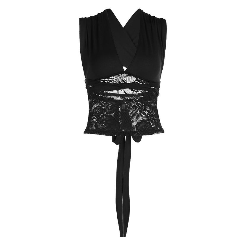 V neck lace patchwork self tie solid top  | Festival Outfits Women