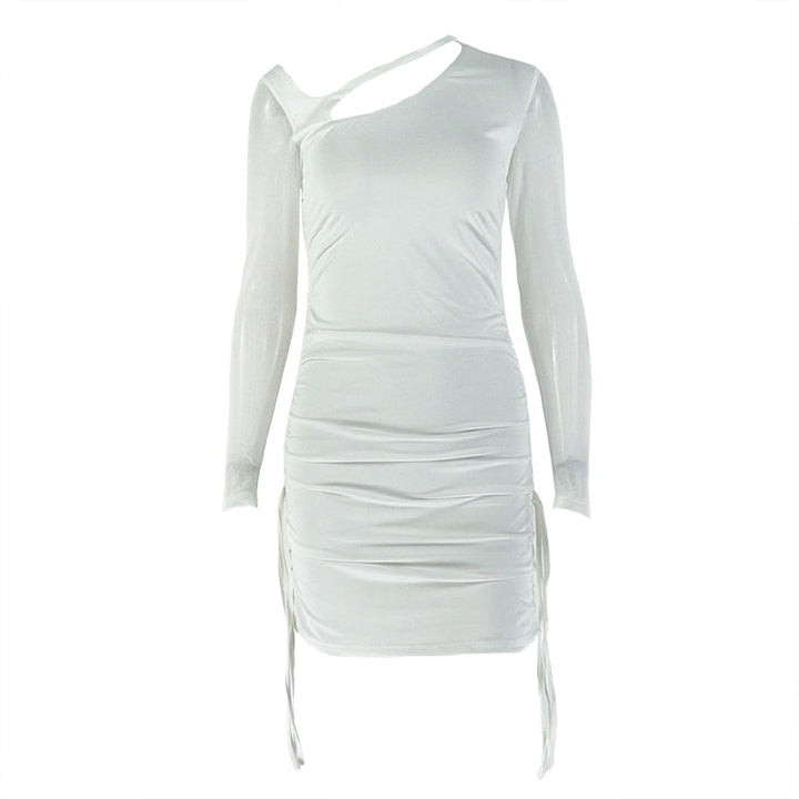 Long sleeve mesh hollow out ruched cut out mini dress  | Festival Outfits Women