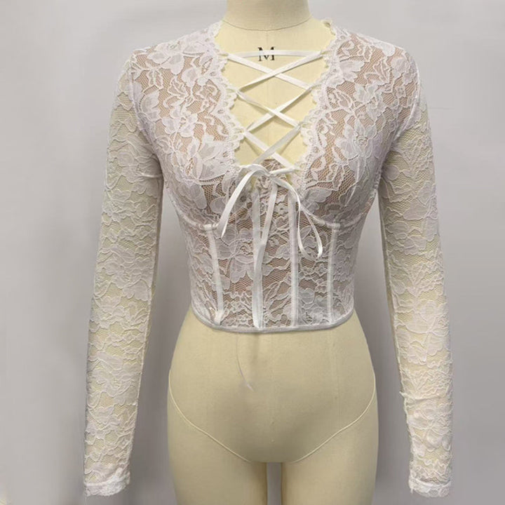 Long sleeve self tie hollow out solid cut out top  | Festival Outfits Women