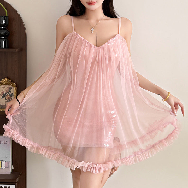 Glitter mesh v neck ruffle cami mini dress  | Festival Outfits Women