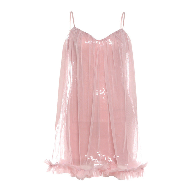 Glitter mesh v neck ruffle cami mini dress  | Festival Outfits Women