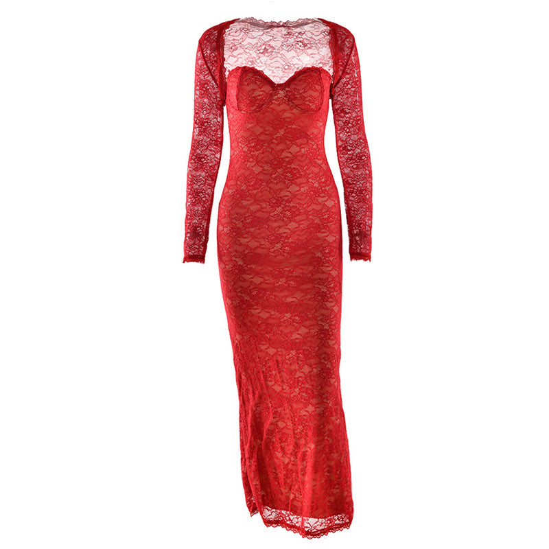 Long sleeve lace sweetheart neck 2 piece maxi dress  | Festival Outfits Women