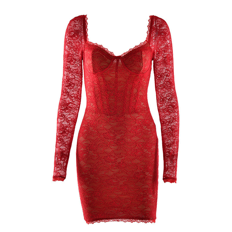 Lace long sleeve v neck backless mini dress  | Festival Outfits Women