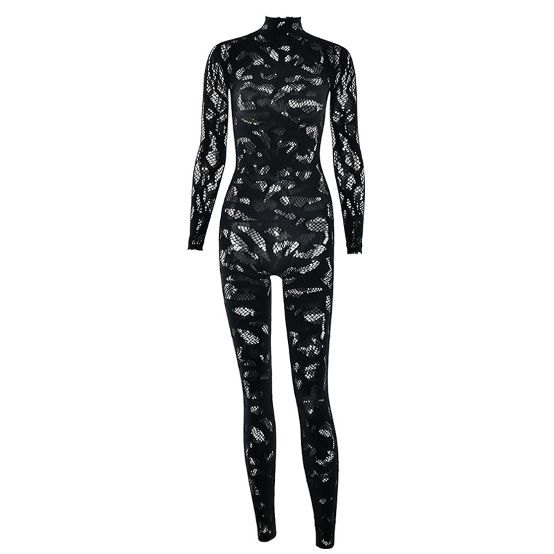 Long sleeve hollow out see through solid jumpsuit  | Festival Outfits Women
