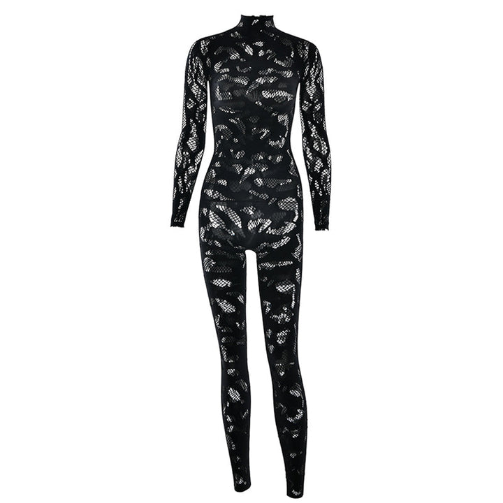 Long sleeve hollow out see through solid jumpsuit  | Festival Outfits Women