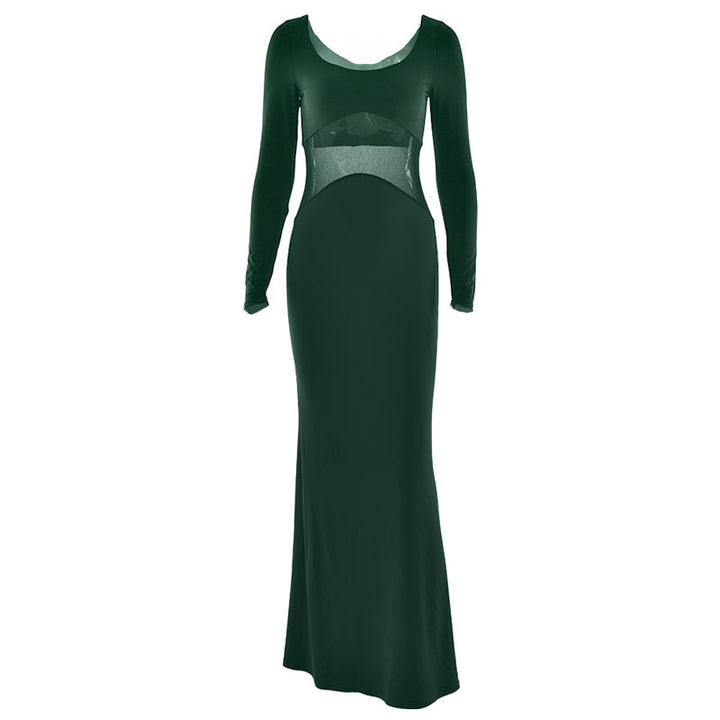 Long sleeve u neck mesh patchwork maxi dress  | Festival Outfits Women