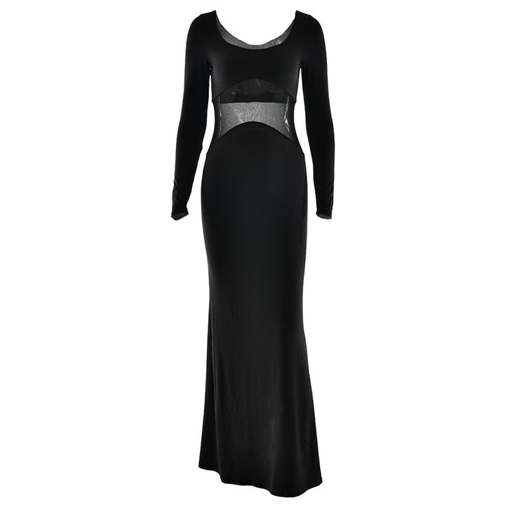 Long sleeve u neck mesh patchwork maxi dress  | Festival Outfits Women