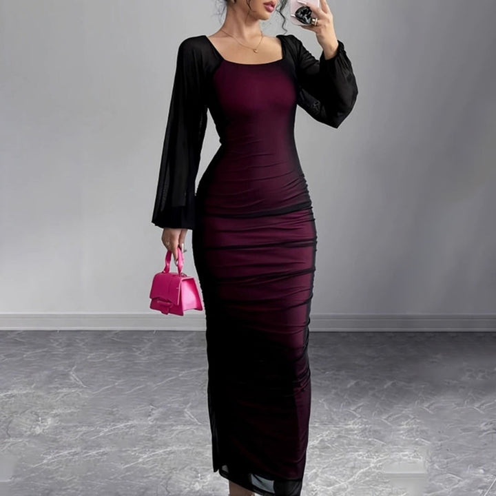 U neck long sleeve mesh slit midi dress  | Festival Outfits Women