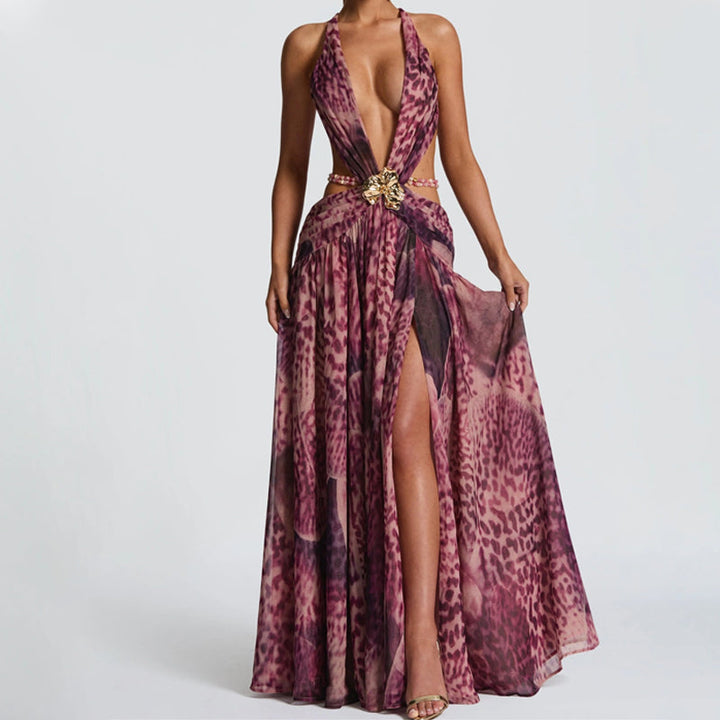 Beaded deep v neck slit cross back self tie maxi dress  | Festival Outfits Women