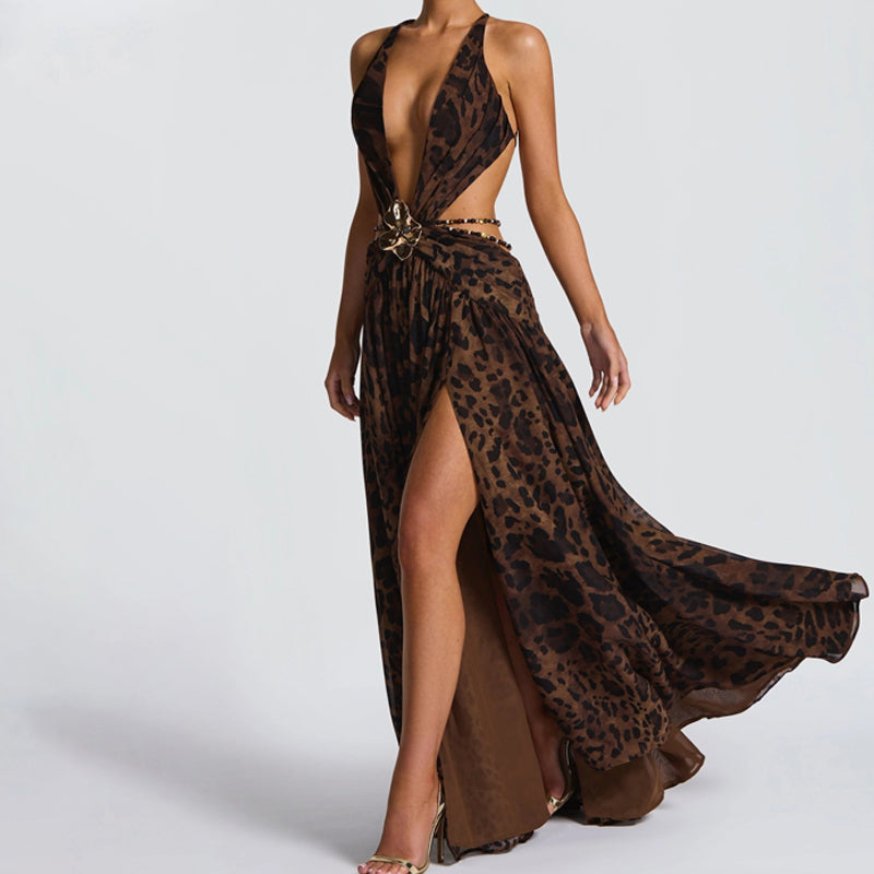 Beaded deep v neck slit cross back self tie maxi dress  | Festival Outfits Women