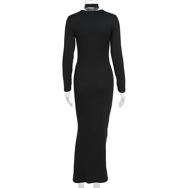 Long sleeve hollow out crewneck solid cut out midi dress  | Festival Outfits Women