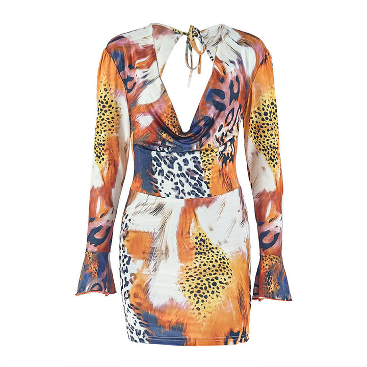 Cowl neck self tie print long flared sleeve mini dress  | Festival Outfits Women