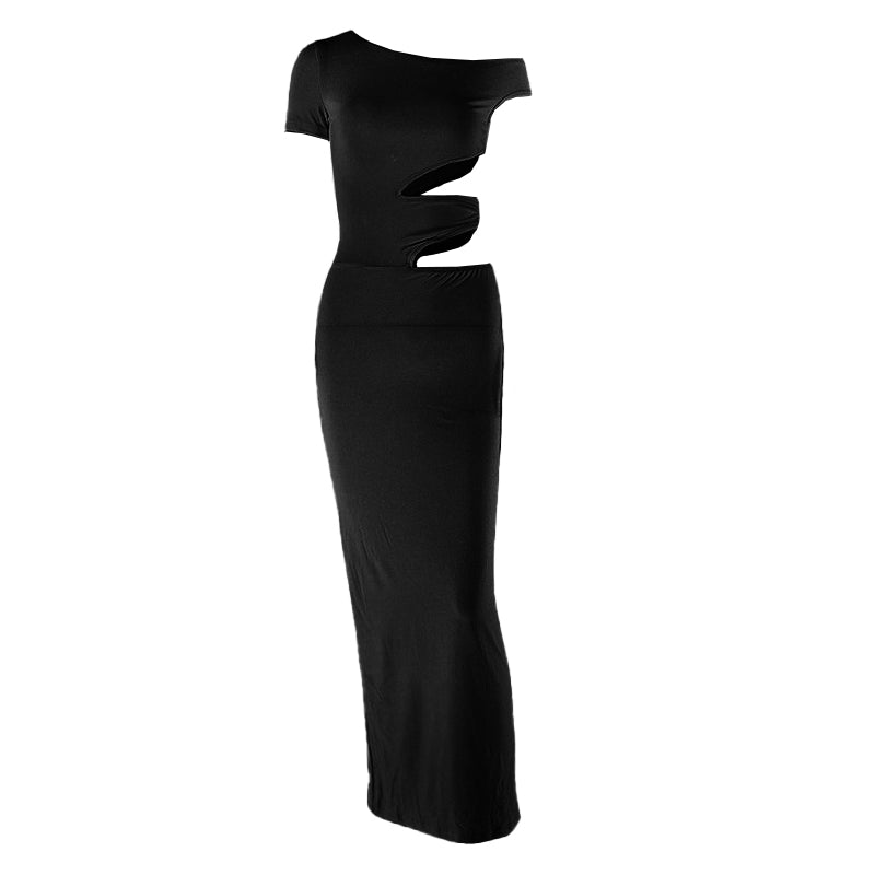 Irregular short sleeve hollow out one shoulder cut out maxi dress  | Festival Outfits Women