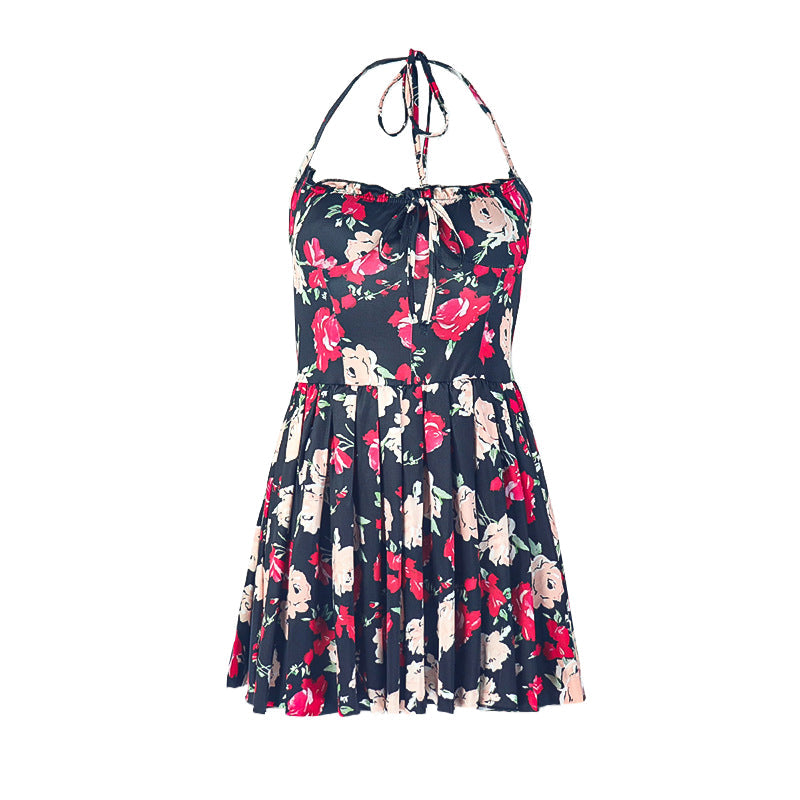 Self tie halter flower print ruched mini dress  | Festival Outfits Women