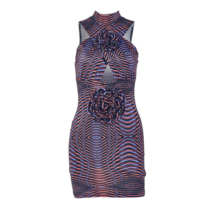 Hollow out flower applique print crewneck cut out mini dress  | Festival Outfits Women