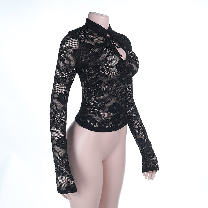Self tie hollow out long sleeve lace solid cut out top  | Festival Outfits Women