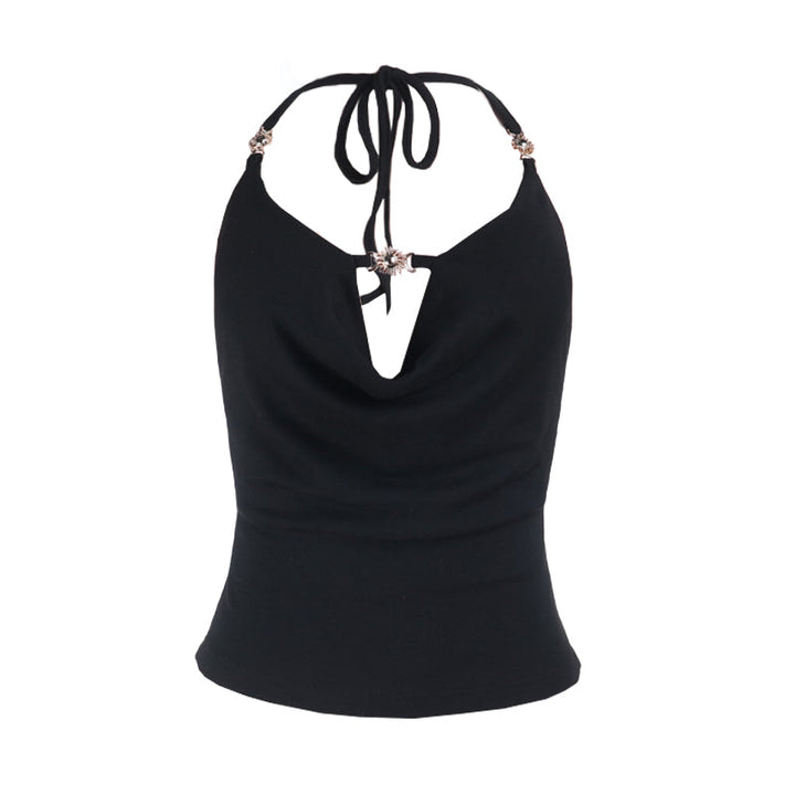 Halter self tie hollow out backless solid cut out top  | Festival Outfits Women