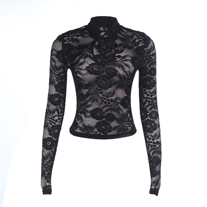 Self tie hollow out long sleeve lace solid cut out top  | Festival Outfits Women