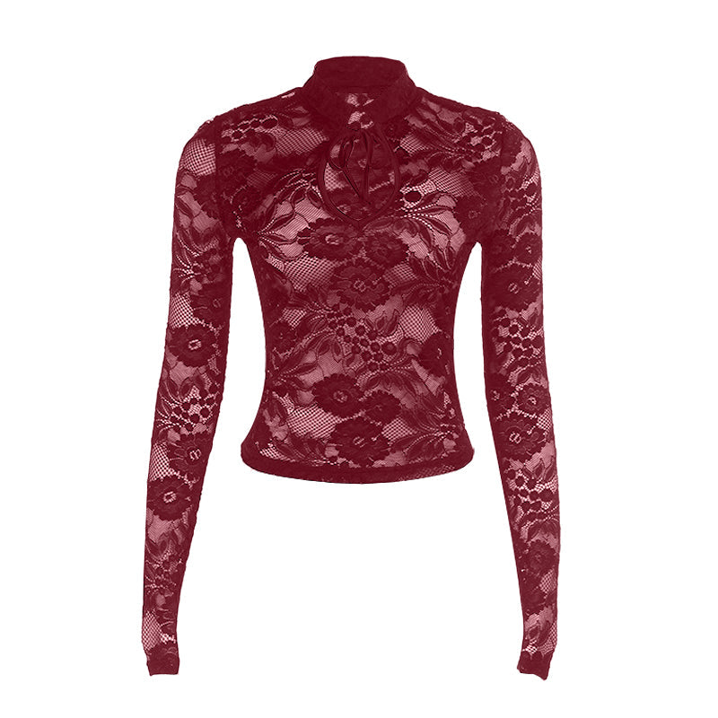 Self tie hollow out long sleeve lace solid cut out top  | Festival Outfits Women