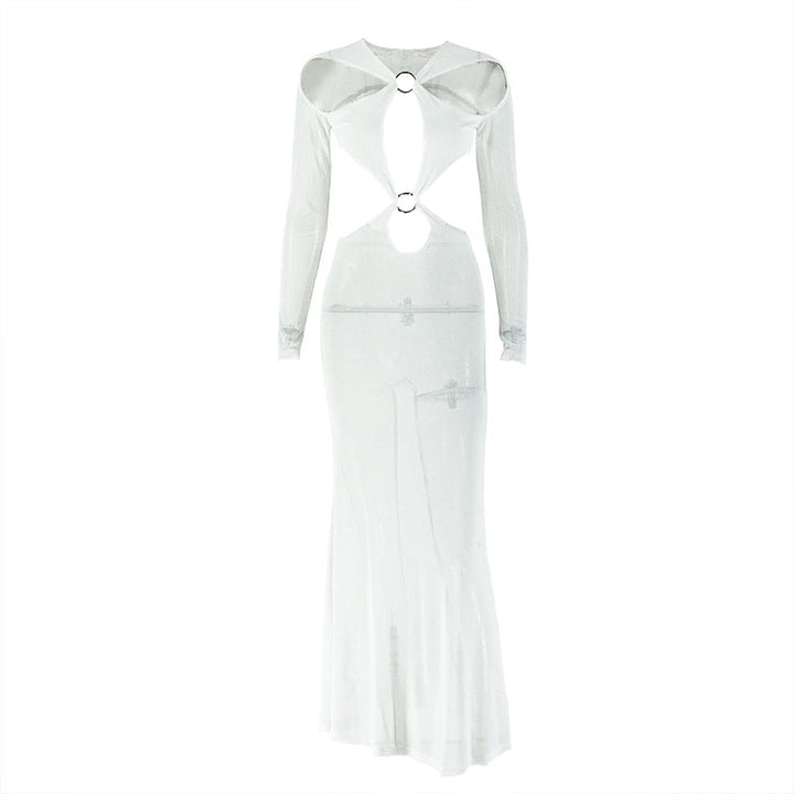 Hollow out o ring long sleeve mesh cut out maxi dress  | Festival Outfits Women