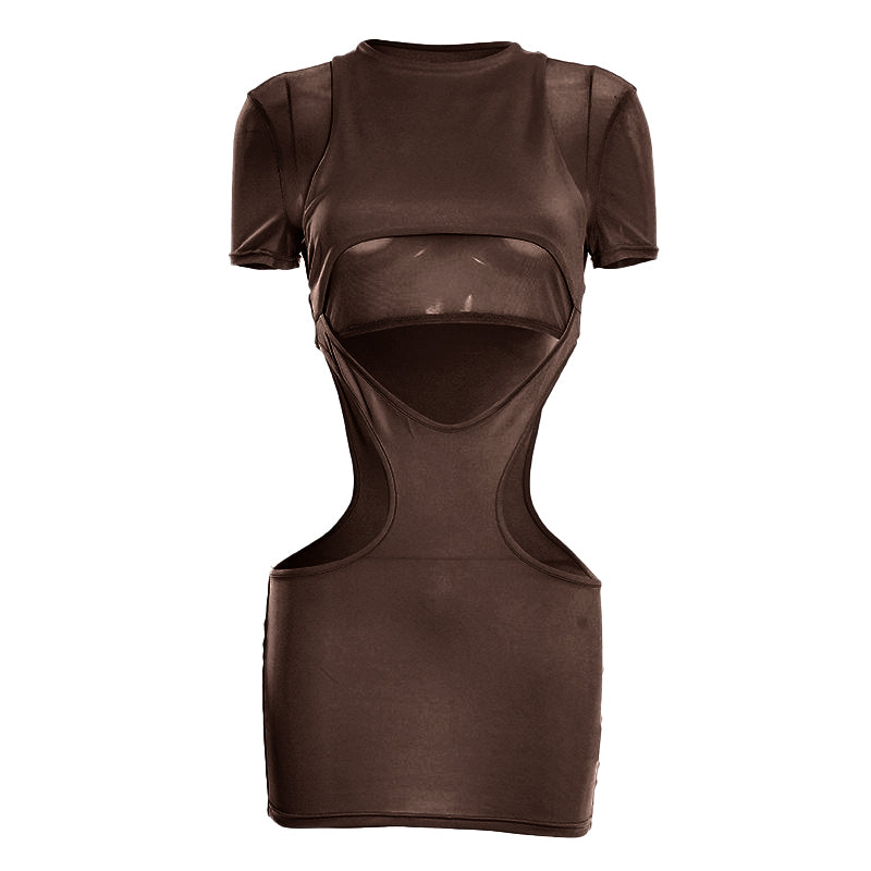 Hollow out crewneck short sleeve mesh cut out mini dress  | Festival Outfits Women
