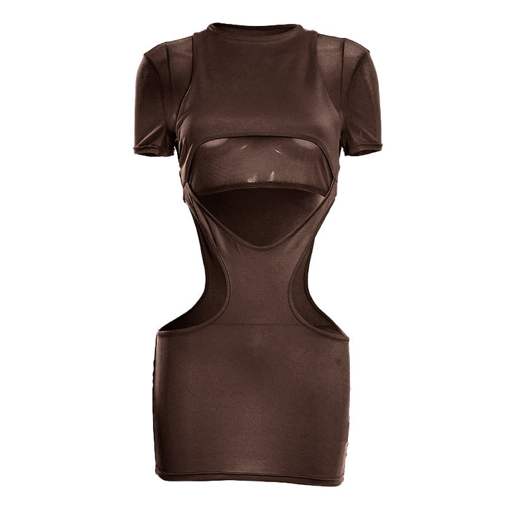 Hollow out crewneck short sleeve mesh cut out mini dress  | Festival Outfits Women
