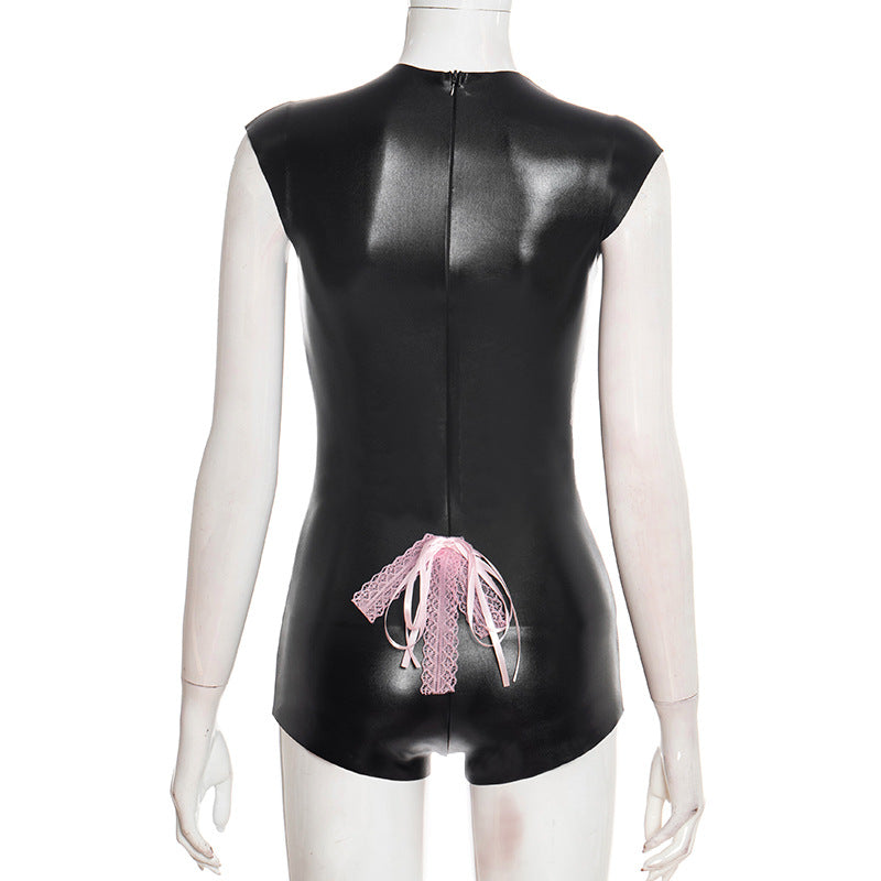 Crewneck bowknot zip-up sleeveless romper  | Festival Outfits Women