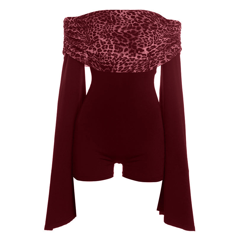 Long flared sleeve off shoulder leopard print romper  | Festival Outfits Women