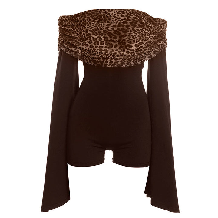 Long flared sleeve off shoulder leopard print romper  | Festival Outfits Women