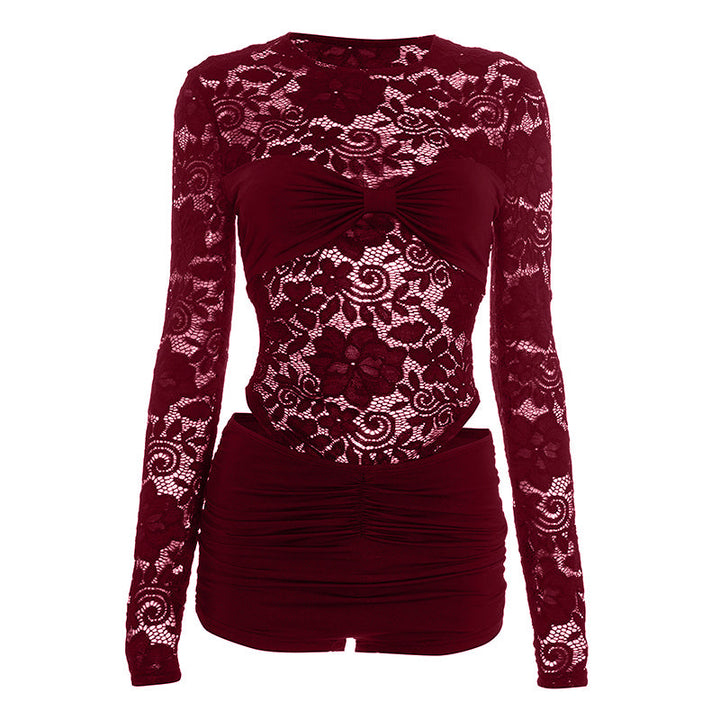 Lace long sleeve crewneck ruched low rise pant set  | Festival Outfits Women