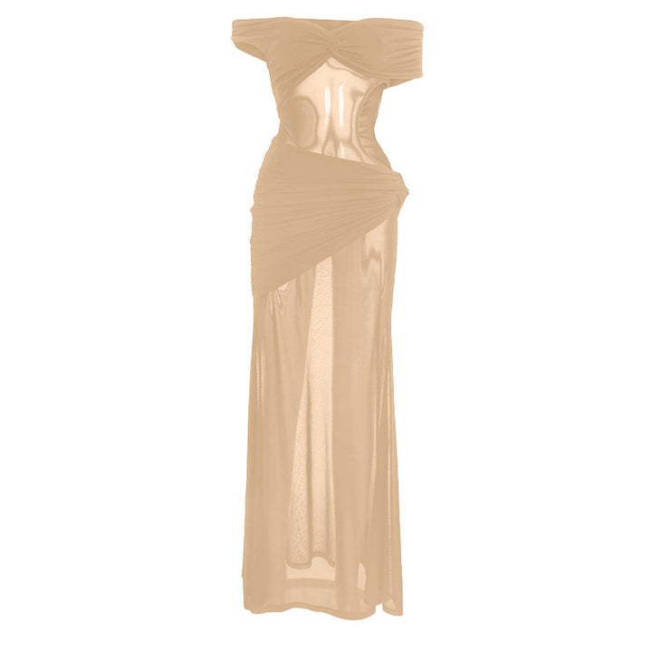 Off shoulder hollow out ruched irregular mesh cut out mini dress  | Festival Outfits Women