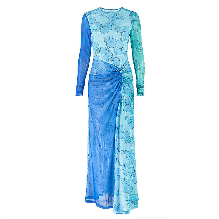 Long sleeve crewneck print slit mesh mini dress  | Festival Outfits Women