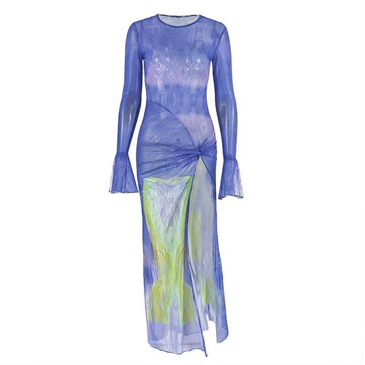 Long flared sleeve print mesh crewneck slit maxi dress  | Festival Outfits Women