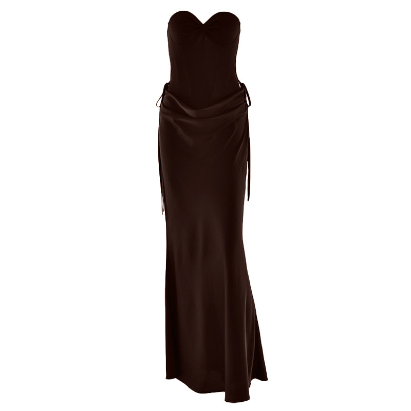 Sweetheart neck pleated satin backless tube maxi skirt set  | Festival Outfits Women