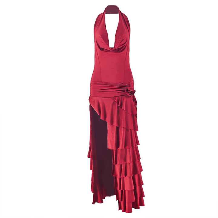 Cowl neck halter ruffle slit irregular maxi dress  | Festival Outfits Women