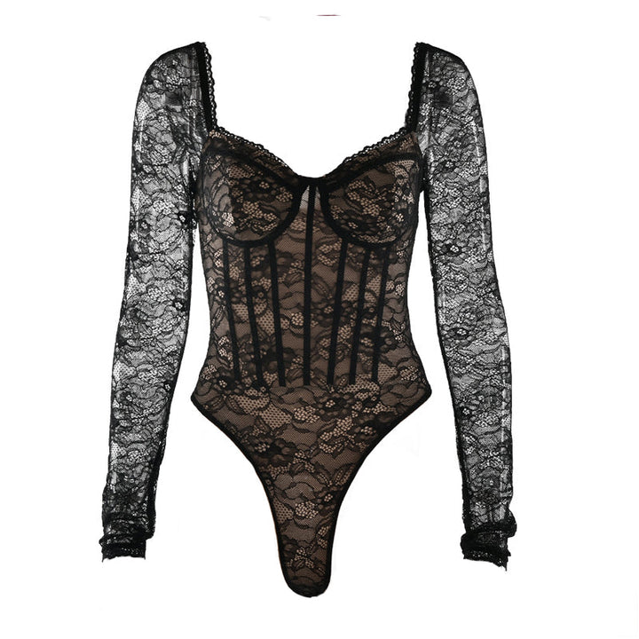 Long sleeve lace v neck button bodysuit  | Festival Outfits Women