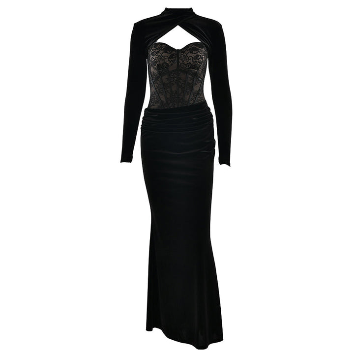 Long sleeve lace ruched zip-up solid maxi dress  | Festival Outfits Women