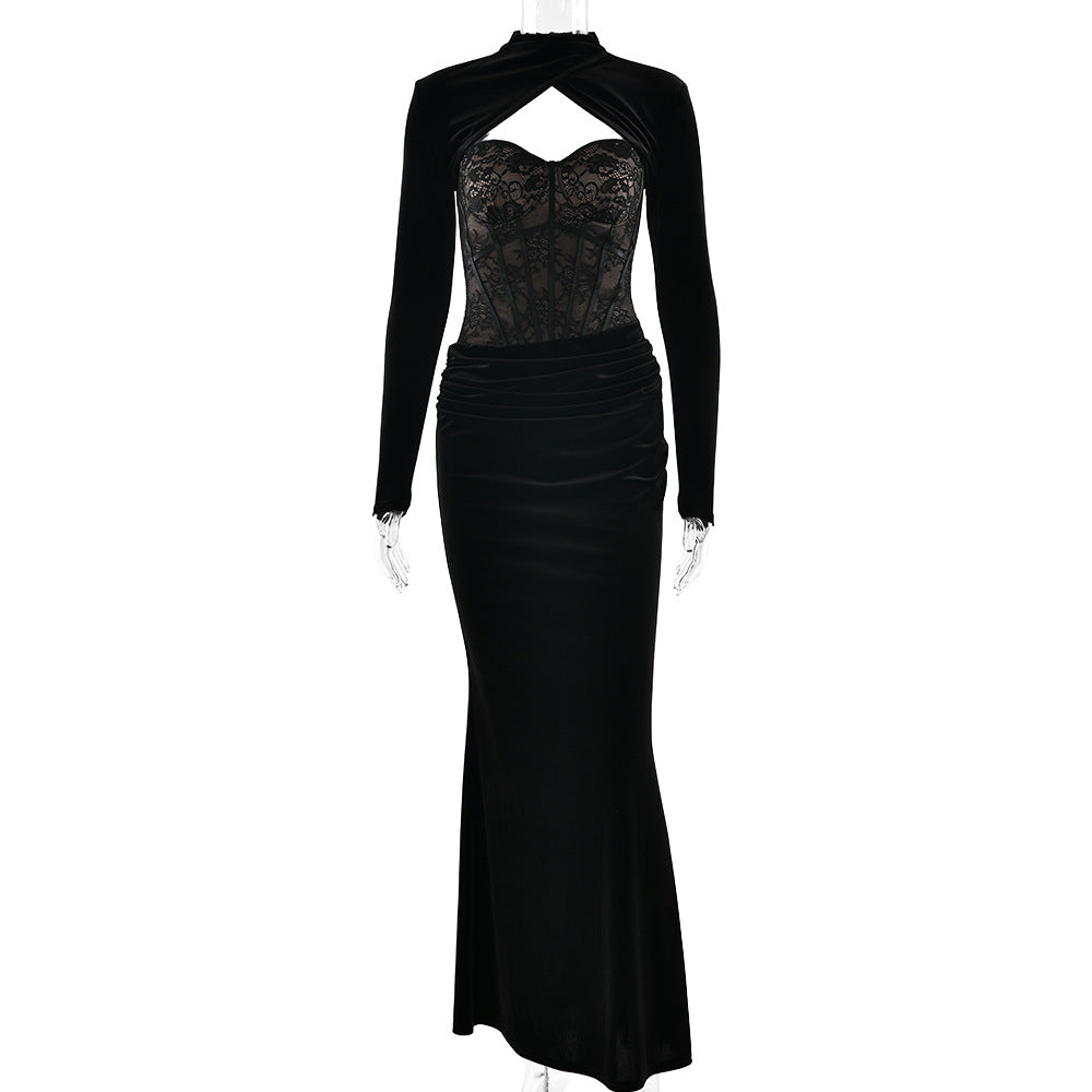Long sleeve lace ruched zip-up solid maxi dress  | Festival Outfits Women