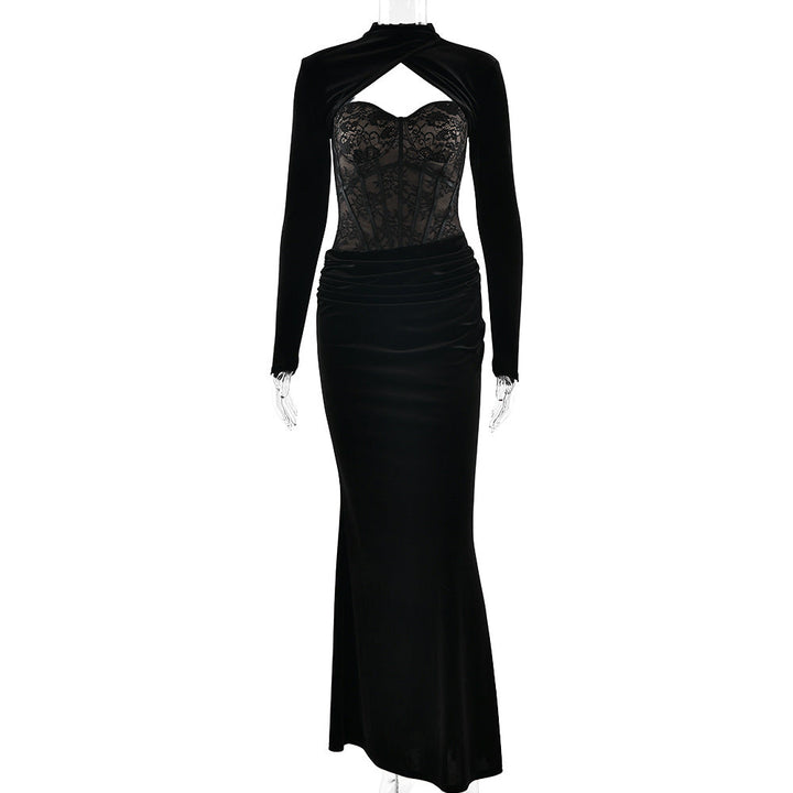 Long sleeve lace ruched zip-up solid maxi dress  | Festival Outfits Women