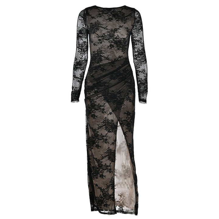 Lace long sleeve slit crewneck irregular midi dress  | Festival Outfits Women