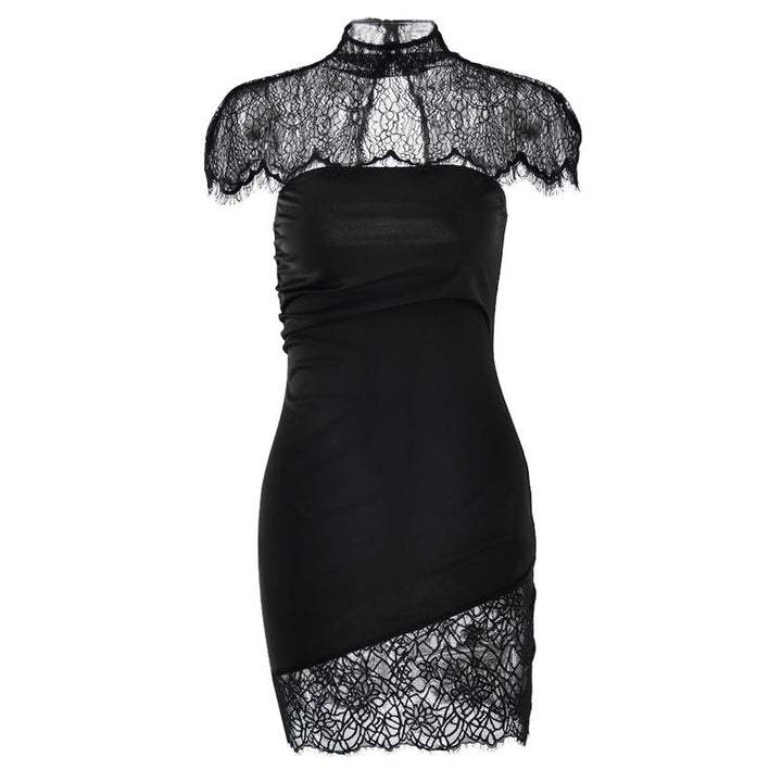 High neck lace ruched irregular 2 piece mini dress  | Festival Outfits Women